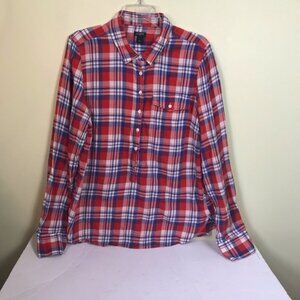 J. Crew Plaid Cotton Plaid 1/2 Button Up Preppy Shirt Top Check Long Sleeves L